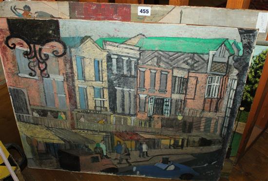 Four street scene oils on board & a landscape